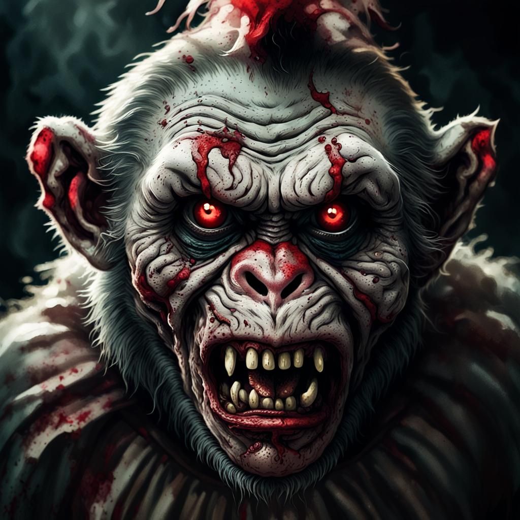 Grumpy Zombie Monkey Clown in Dark Fantasy Style