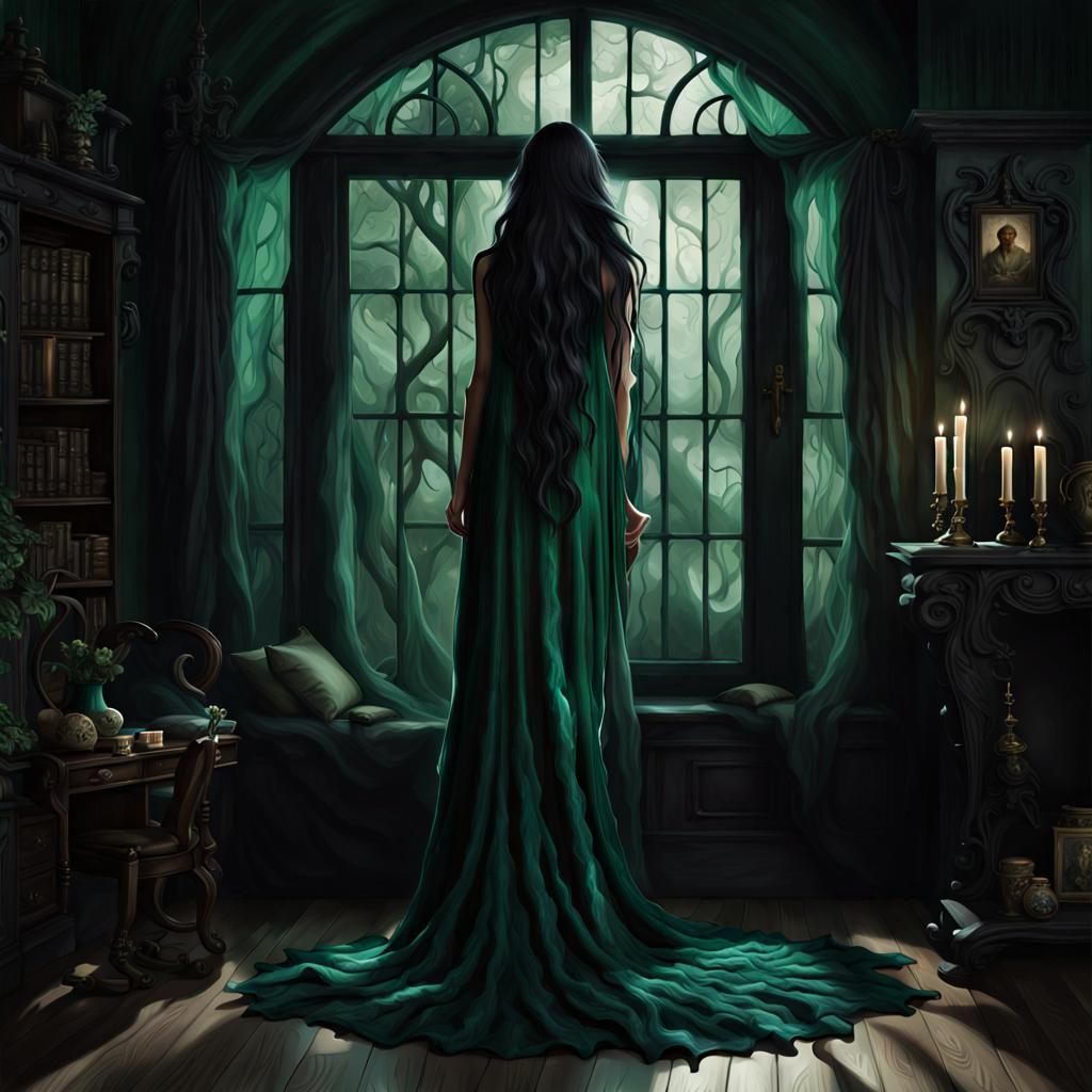 Beautiful Witch with Crystal Ball in Cottage