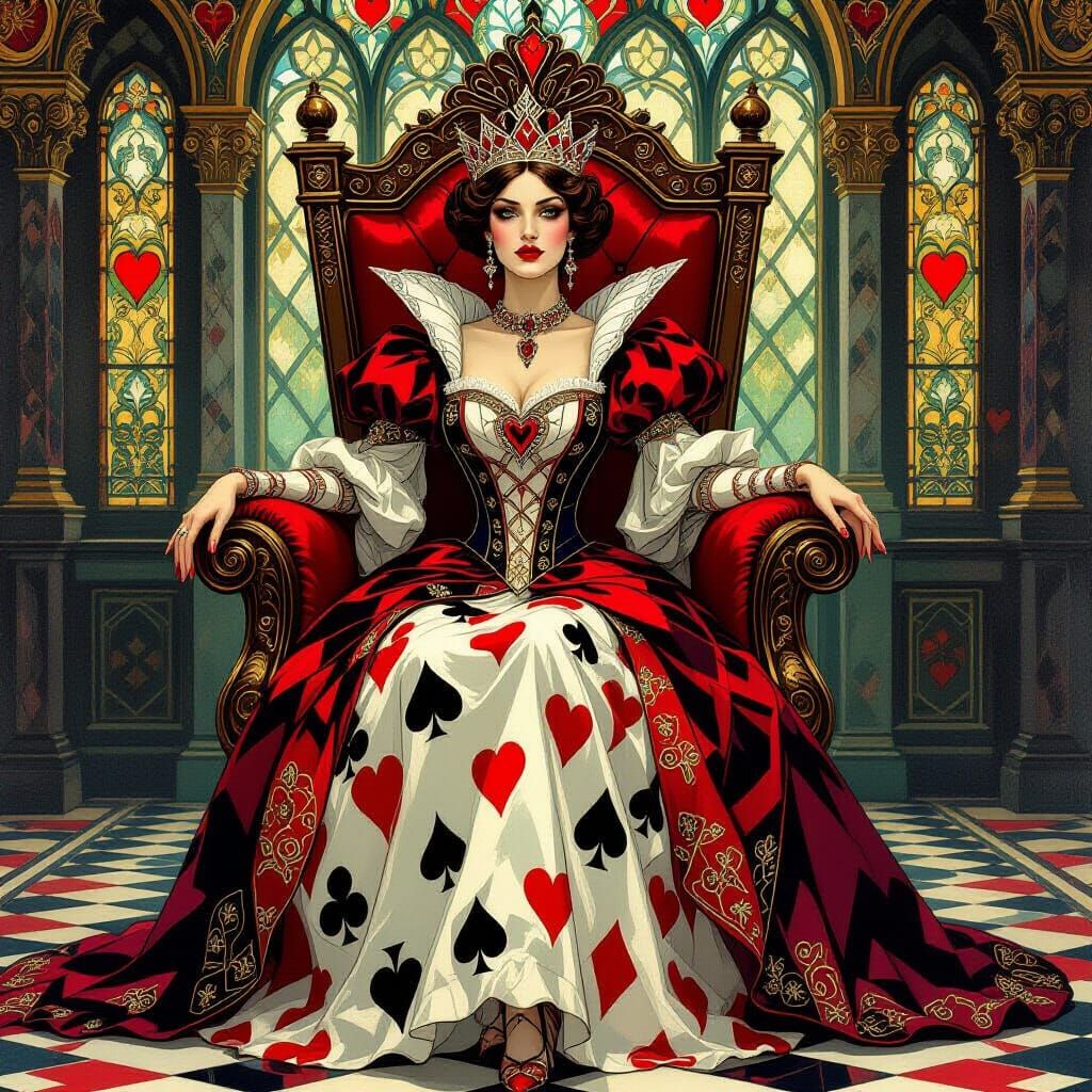 Queen of Hearts Rules a Card Kingdom in Art Nouveau Style