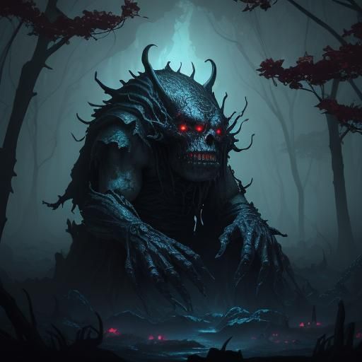 Grotesque Apple Creature in Dark Orchard