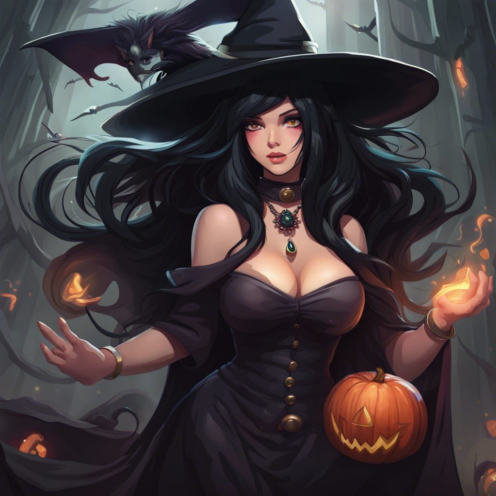 Enchanting Dark-Haired Witch Illustration