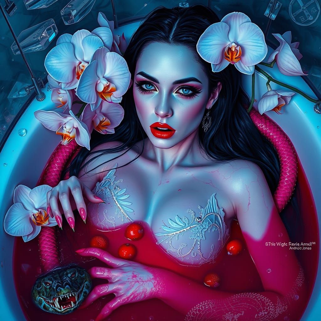 Vampire Goddess in Bathtub of Blood: Surreal Digital Art