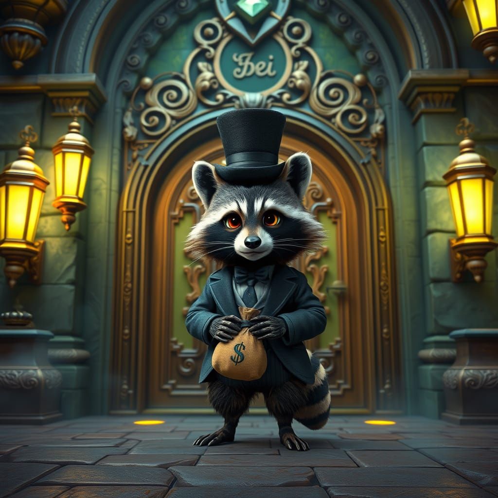 Majestic Raccoon Thief in Whimsical Fantasy Bank Setting