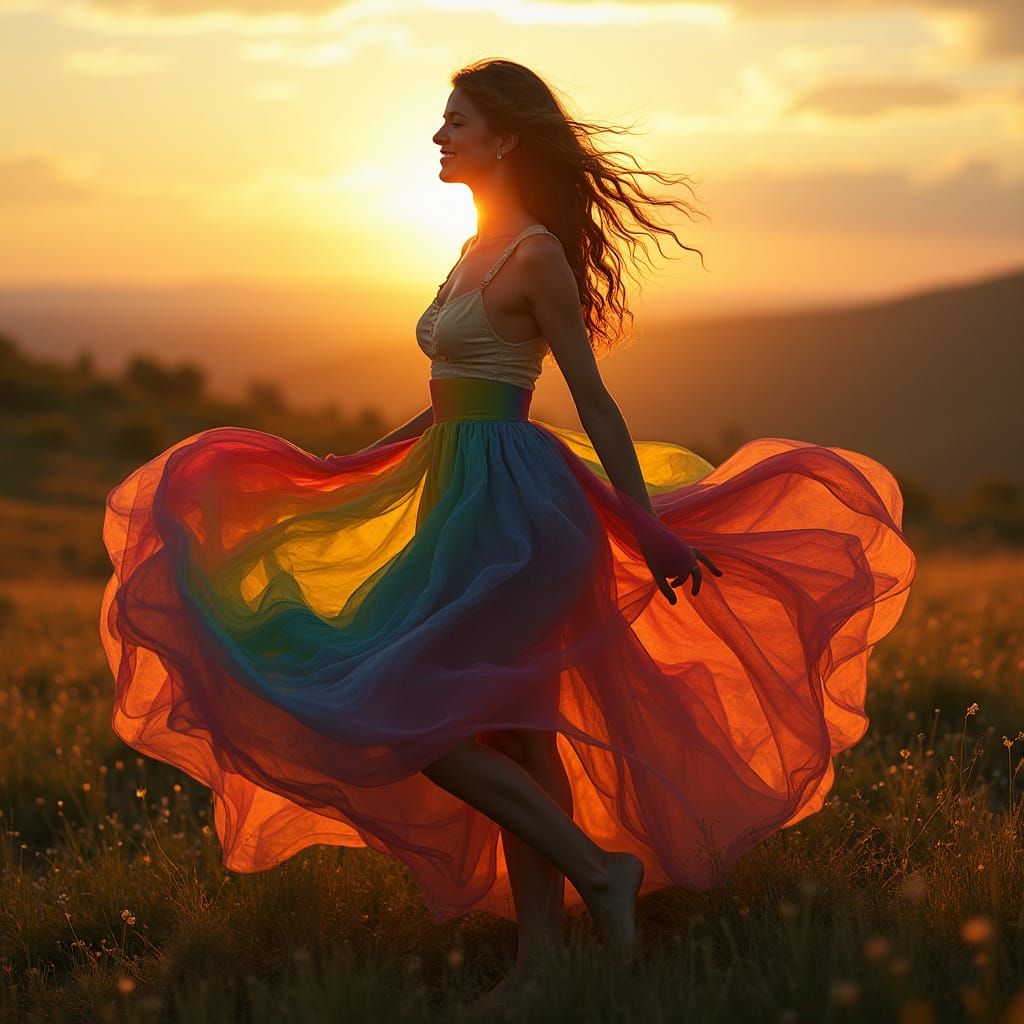 Woman in Vibrant Rainbow Dress Embracing Sunset in a Serene ...