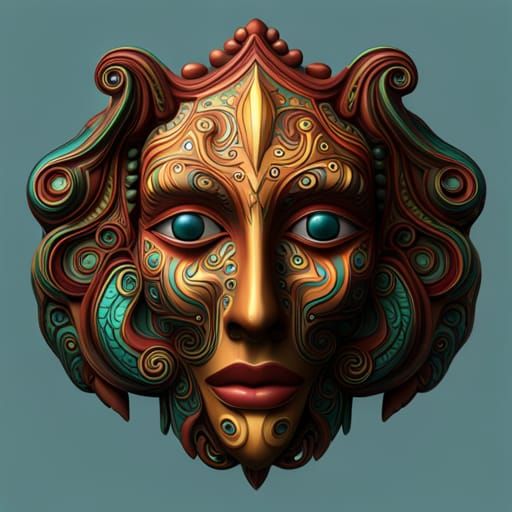 Pre-Columbian Cubist Mask in Matte Painting Style