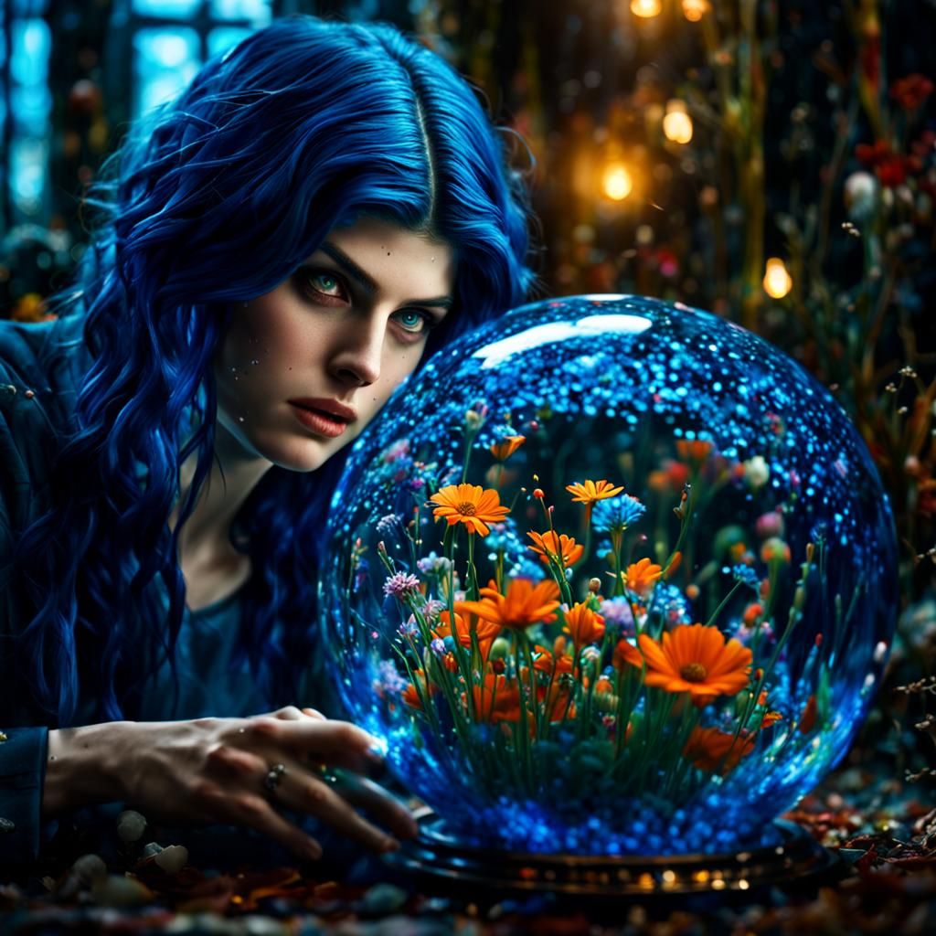 Blue-Haired Woman with Floral Orb: Hyperrealistic Image