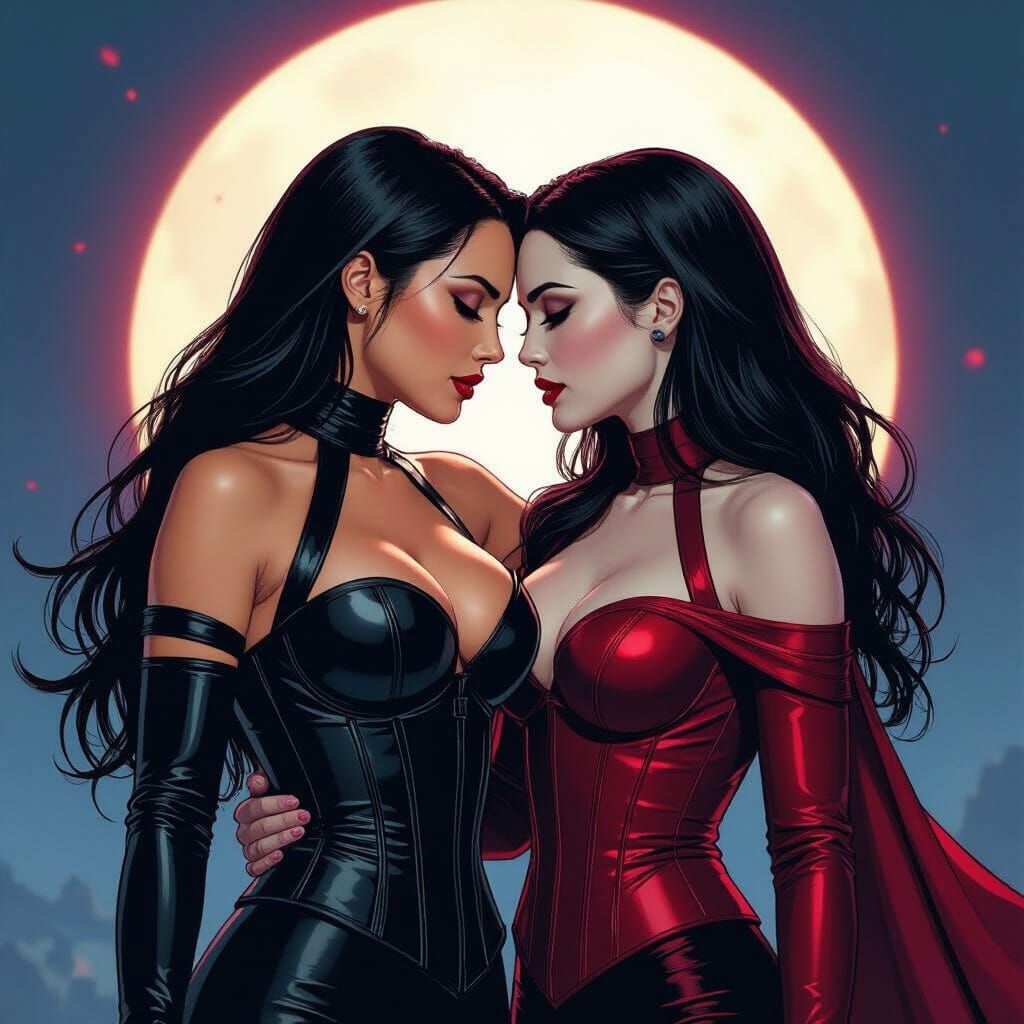 Psylocke and Scarlet Witch Embrace in Moonlit Corsets
