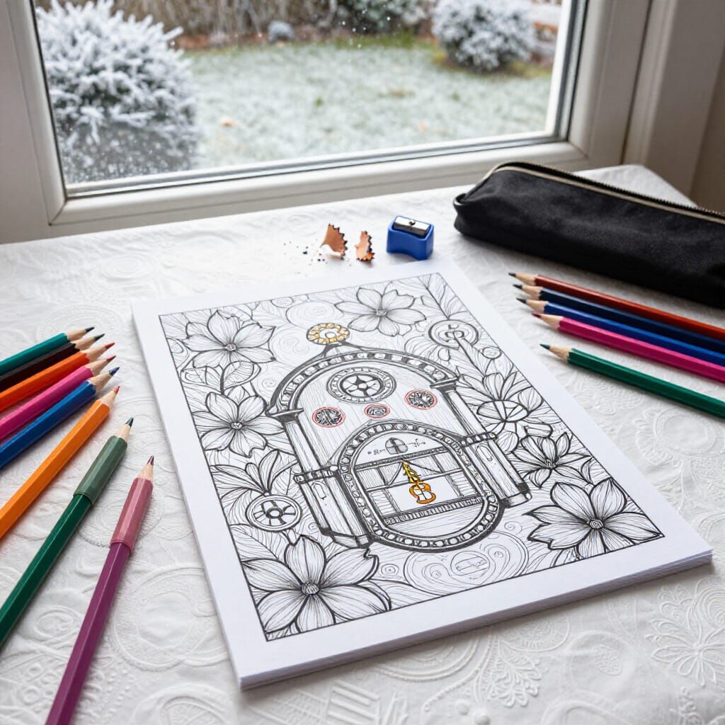 Colouring Book Scene with Art Supplies and Winter Garden