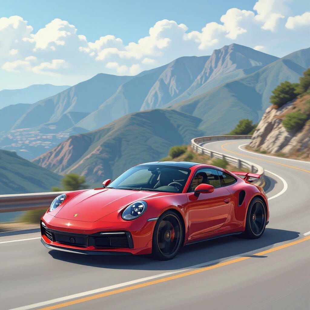 Red Porsche 911 on Mountain Road, Futuristic Style