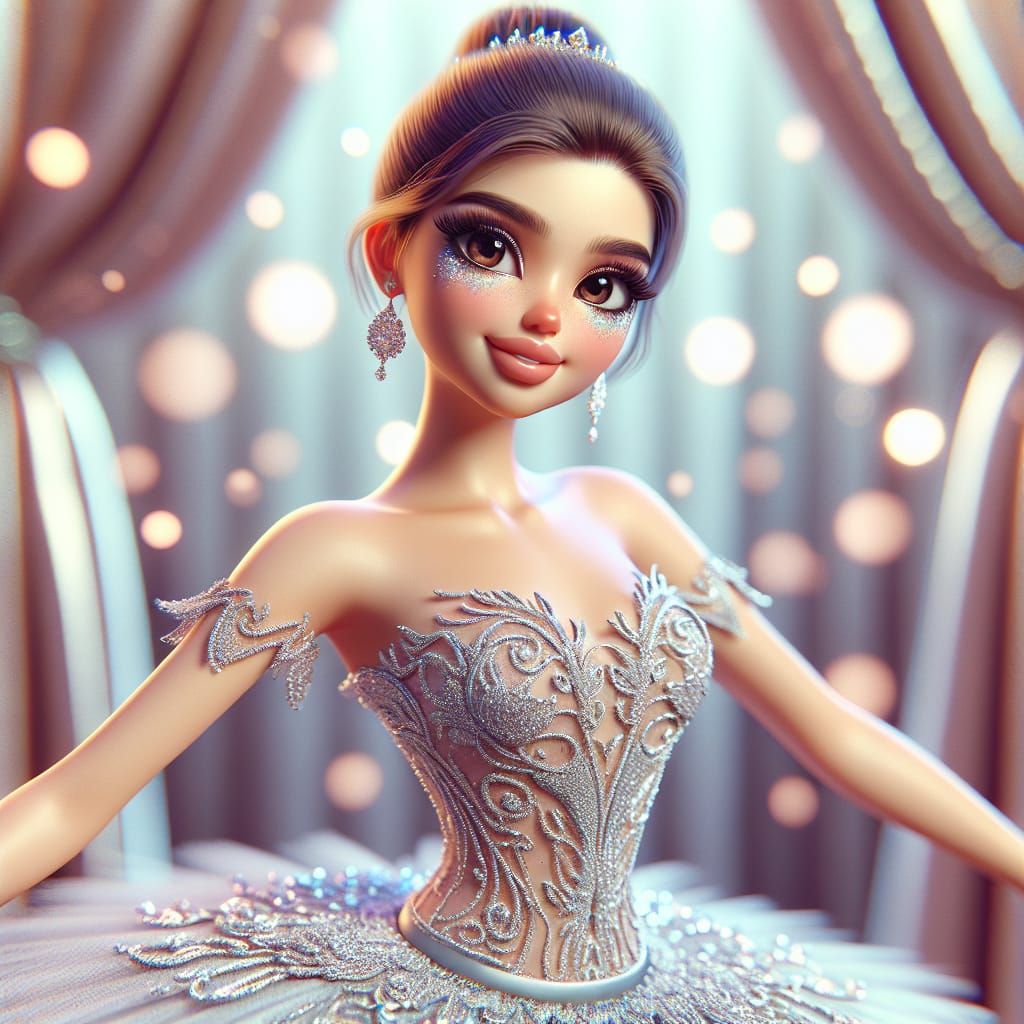 A Disney Pixar 3D style illustration of a beautiful woman ballerina in a sparkling, intricate tutu with delicate details...