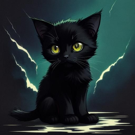 Adorable Black Kitten in Anime Manga Style