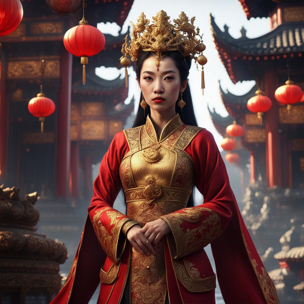 Asian Queen in Red and Gold: Fantasy Concept Art