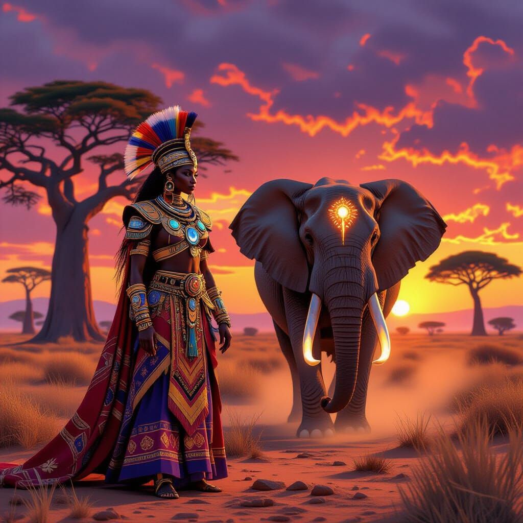 Regal Warrior and Glowing Elephant on Savannah