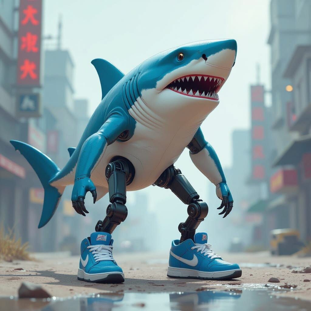 Shark with Three Legs Wearing Blue Sneakers on Land