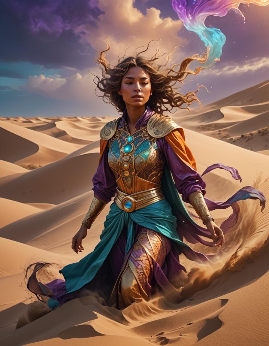 Sand Woman in Dunes: Alphonse Mucha-Inspired Fantasy