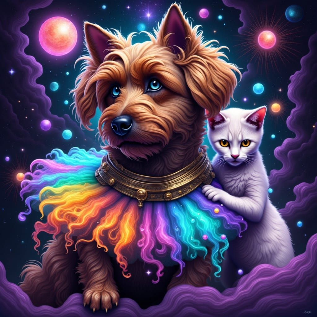 <lora:My pets:1.0> dog wearing cosmic tutu next to astronaut...