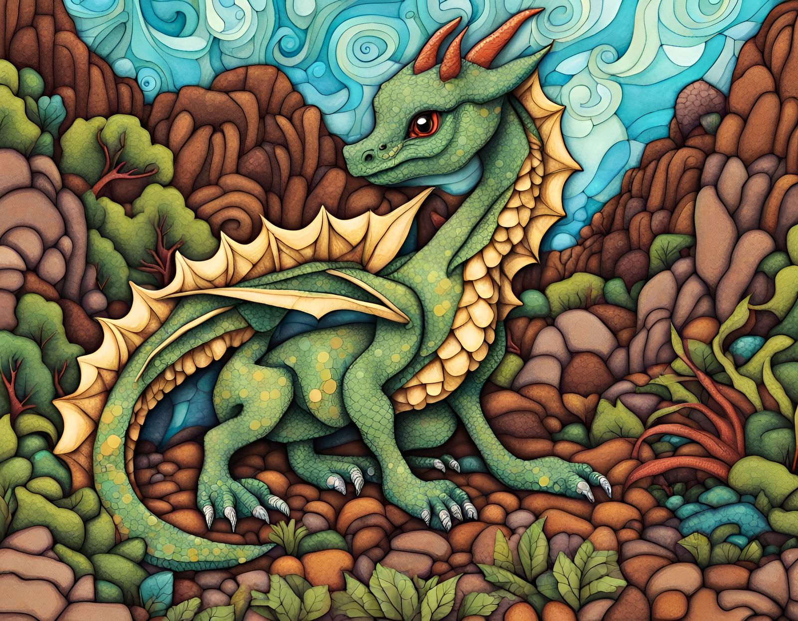 Baby Dragon Zentangle Line Drawing in Contrasting Colors