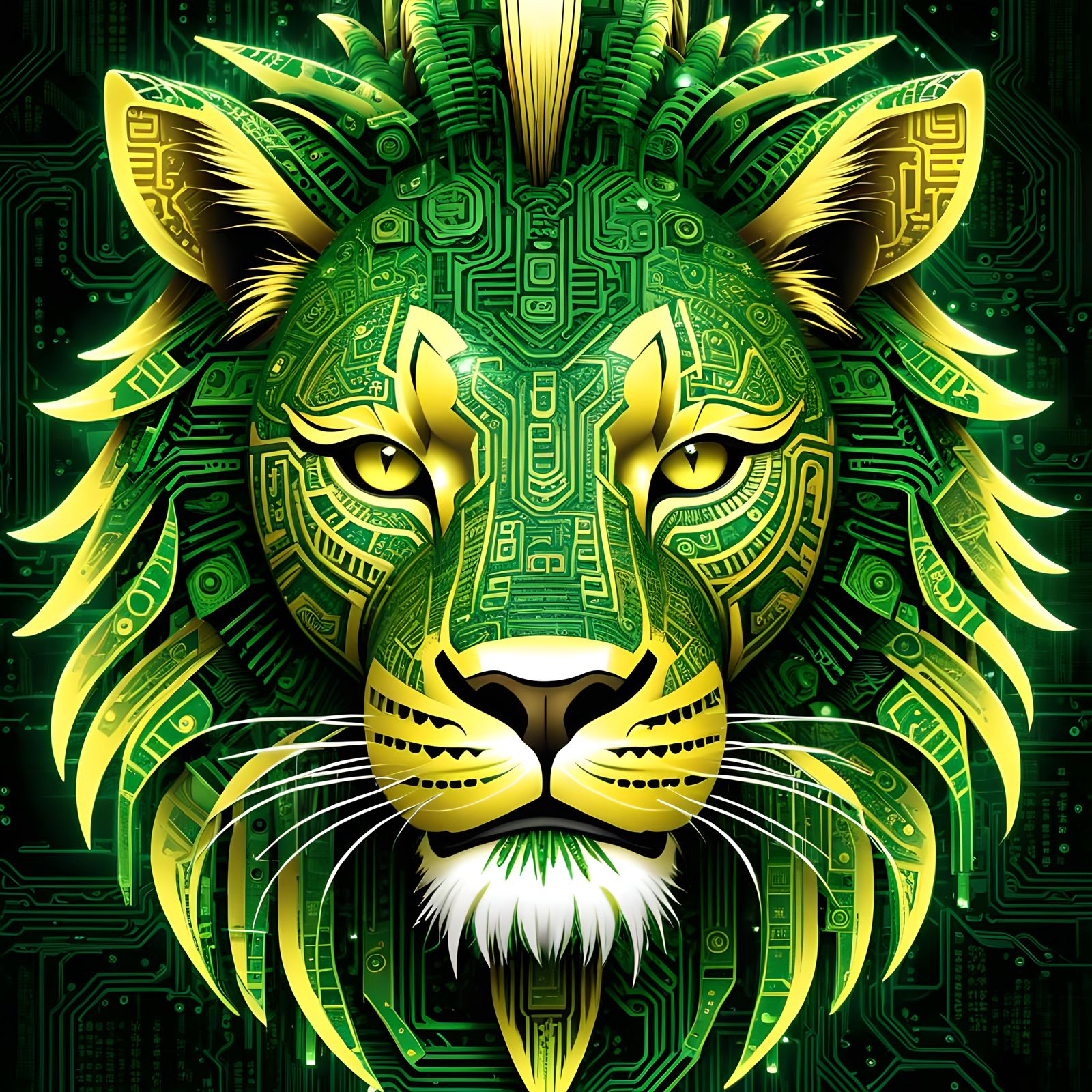 Maori Tattooed Lion with Cybernetic and Watercolor Elements