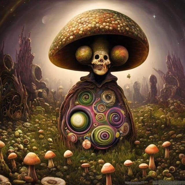 Wonderland Mushroom Zombie: Stygian Fantasy Oil Painting