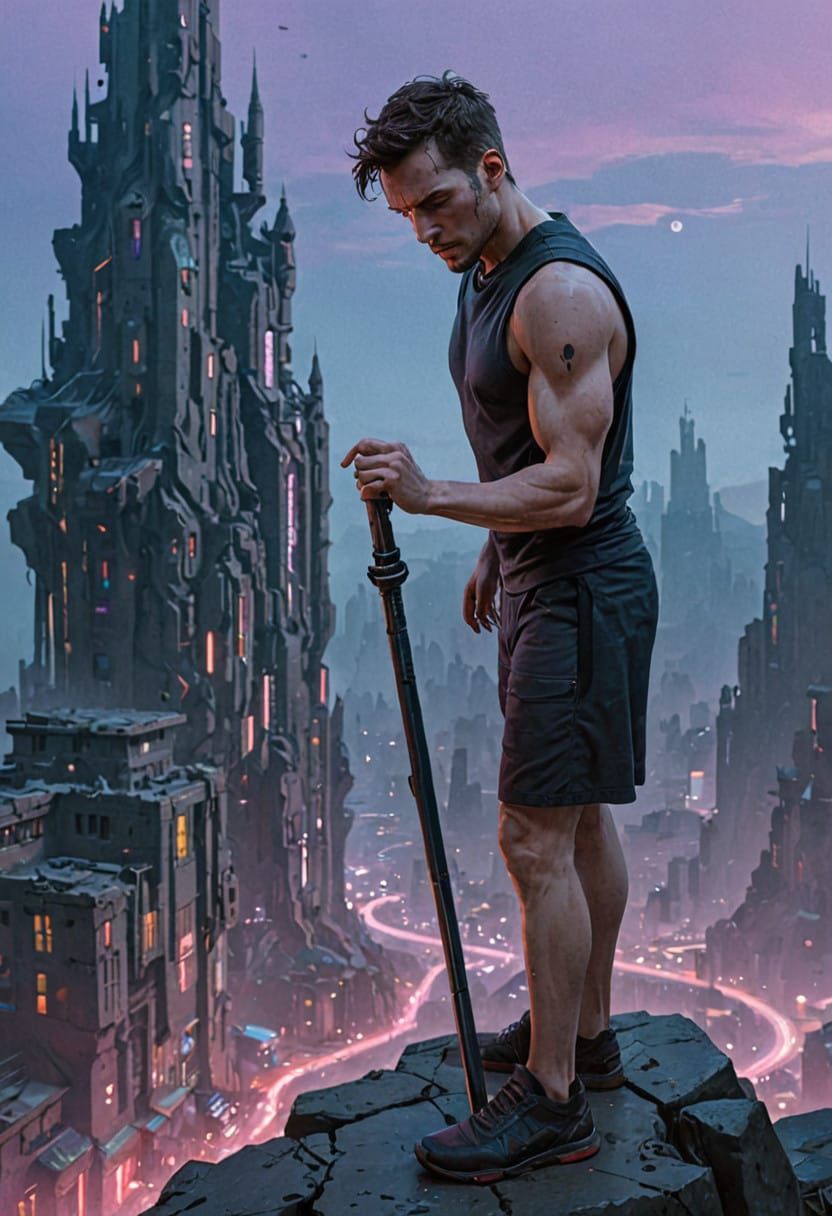 Ethereal Figure Contemplates Futuristic Cityscape in Electri...