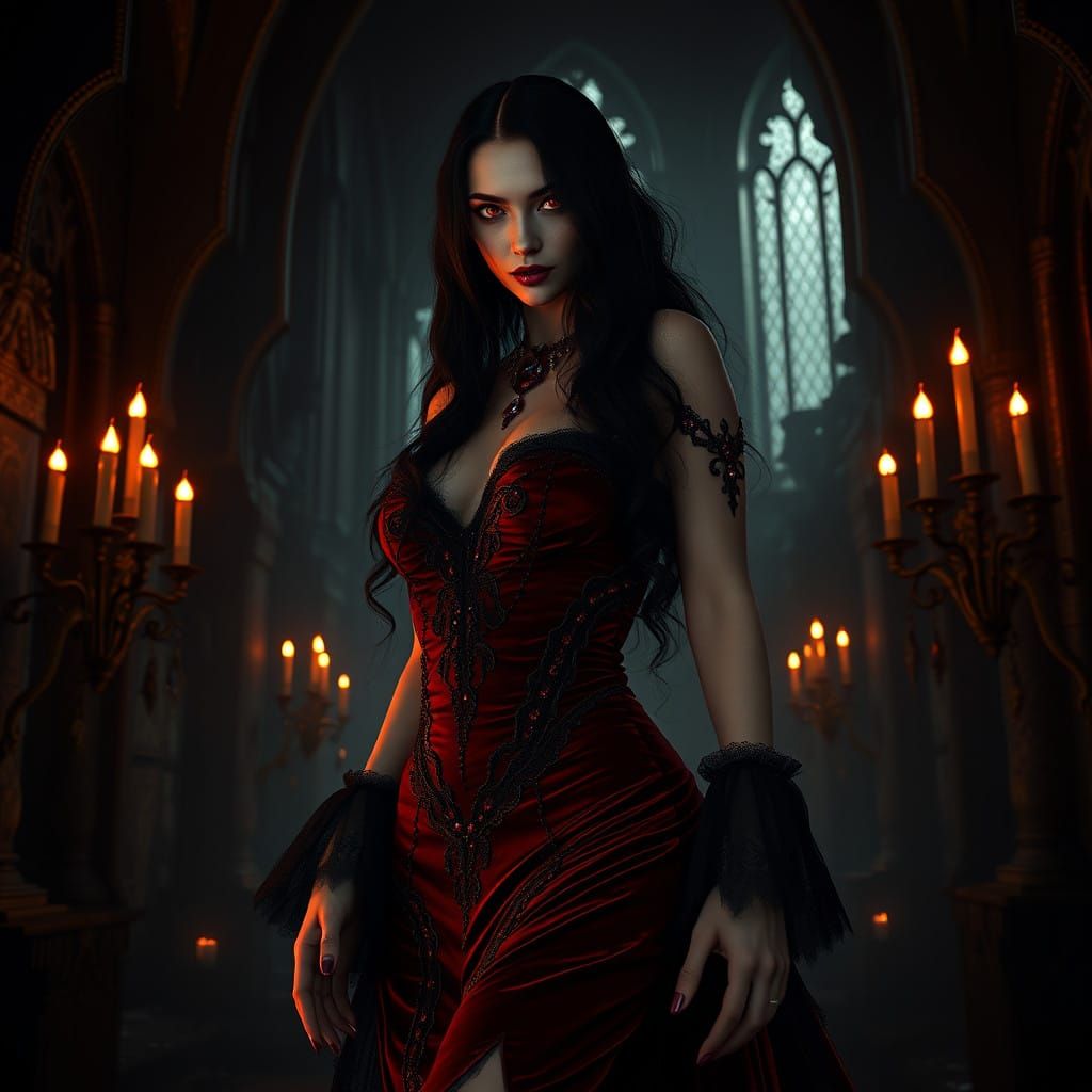 Gothic Vampire Countess in Crimson Velvet Gown