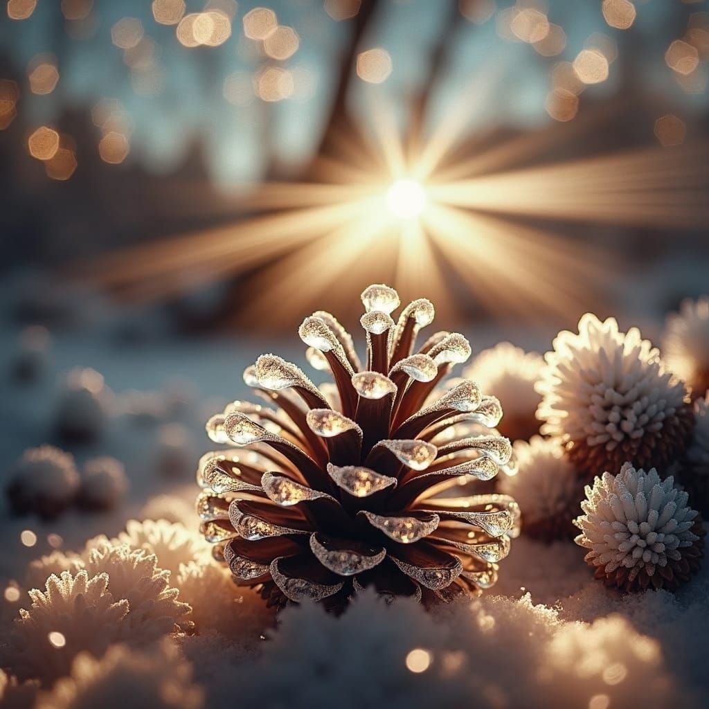 Icy Pinecone Shimmers in Morning Light