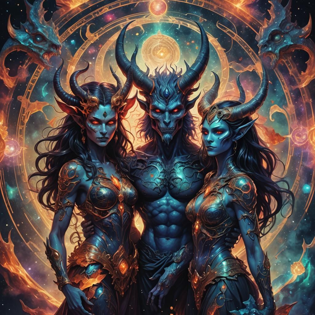 Demonic Couple in Holographic Astral Illustration