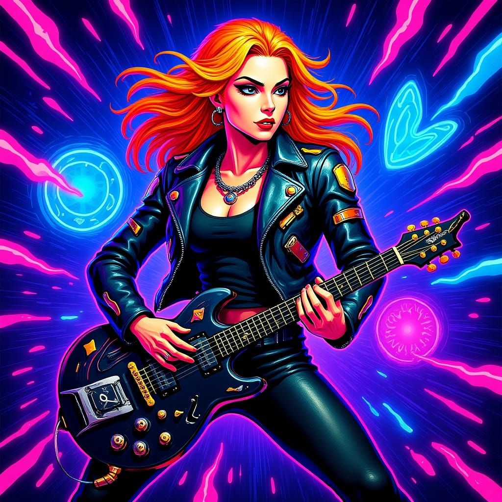 Cyberpunk Guitarist's Neon-Lit Solo Performance