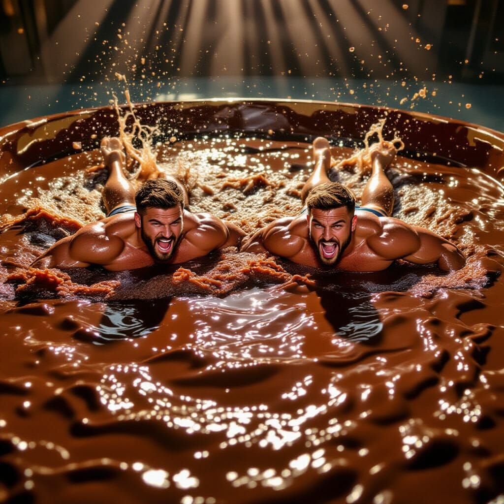 Tiny Muscular Men's Epic Struggle in Chocolate Pudding Vat