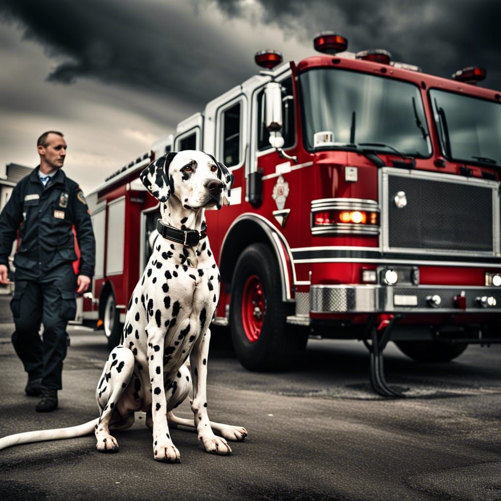 Hyperrealistic Dalmatian at Fire Station with Firefighters