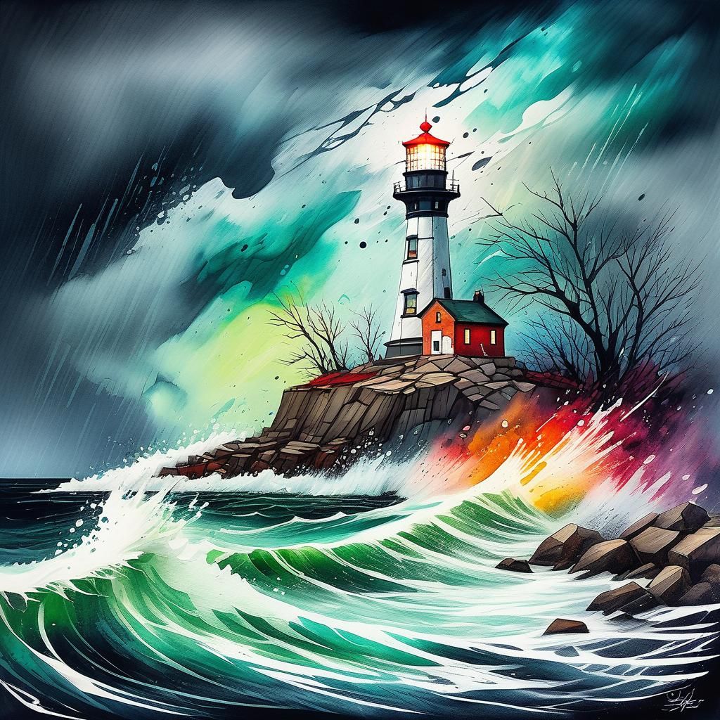 Lake Erie Lighthouse in Fantasycore Watercolor Storm