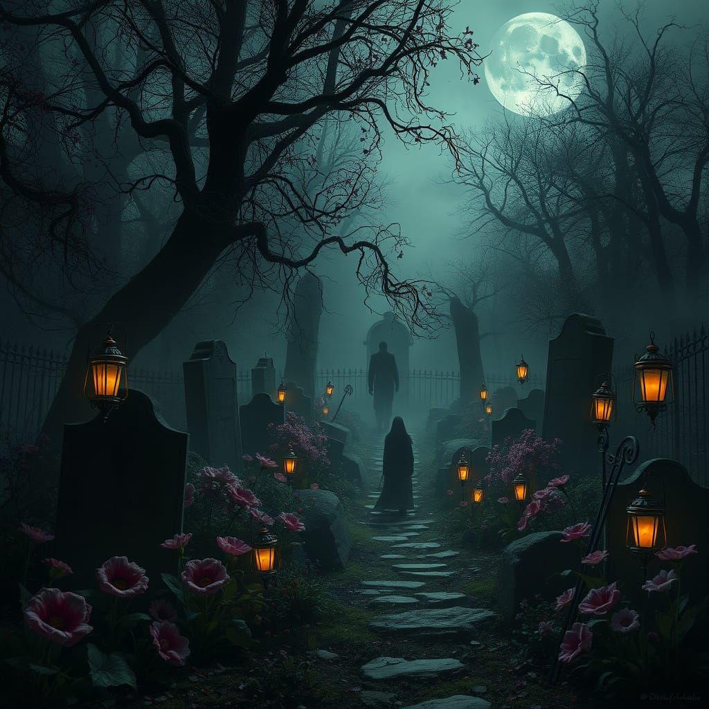 Sinister Garden with Shadow Figures, Digital Painting