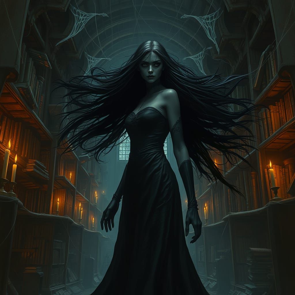 Spectral Woman in Haunted Library, Gothic Horror Style