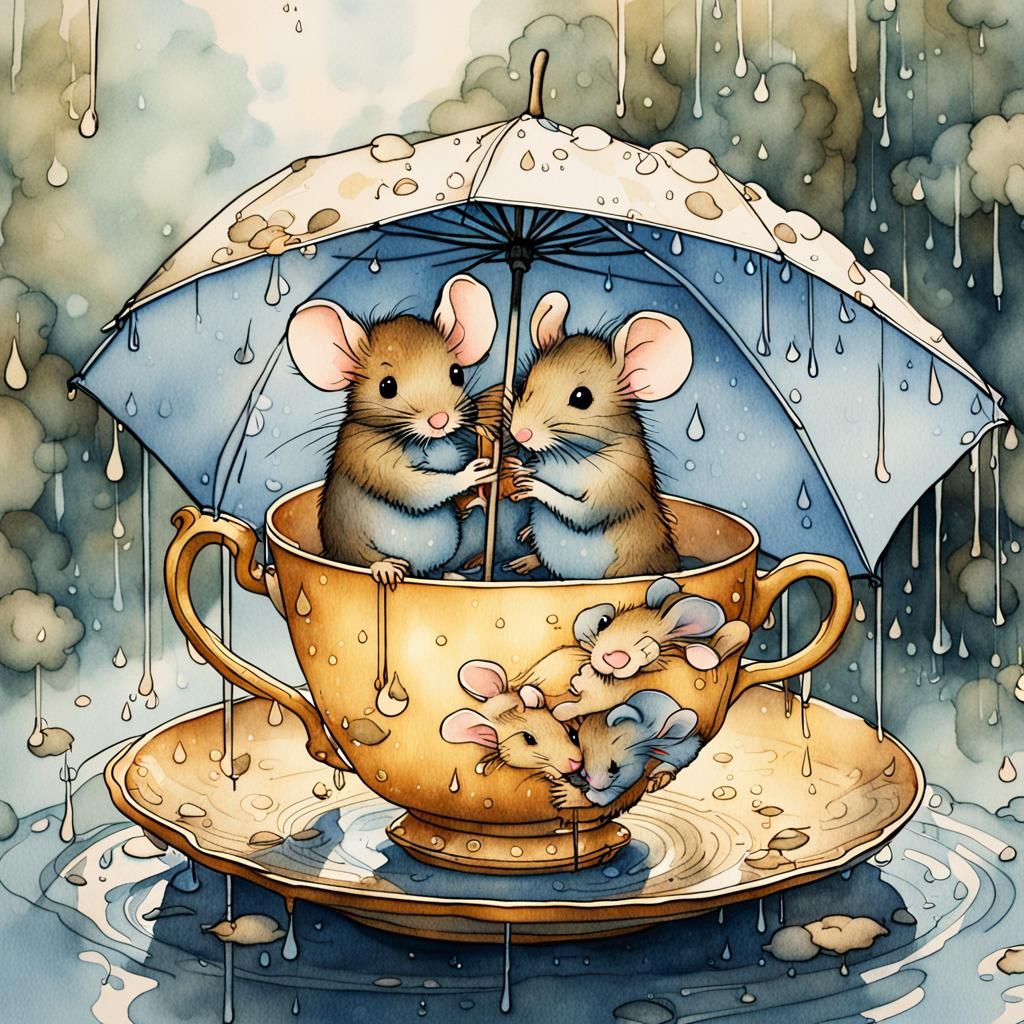 Mice in Teacup: Whimsical Japanese-Style Art