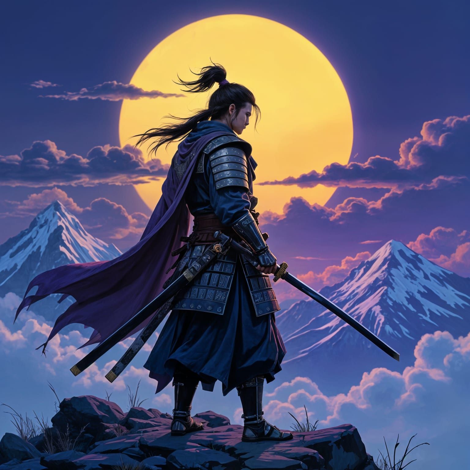 Samurai Warrior on Windswept Mountain in Hyperrealism