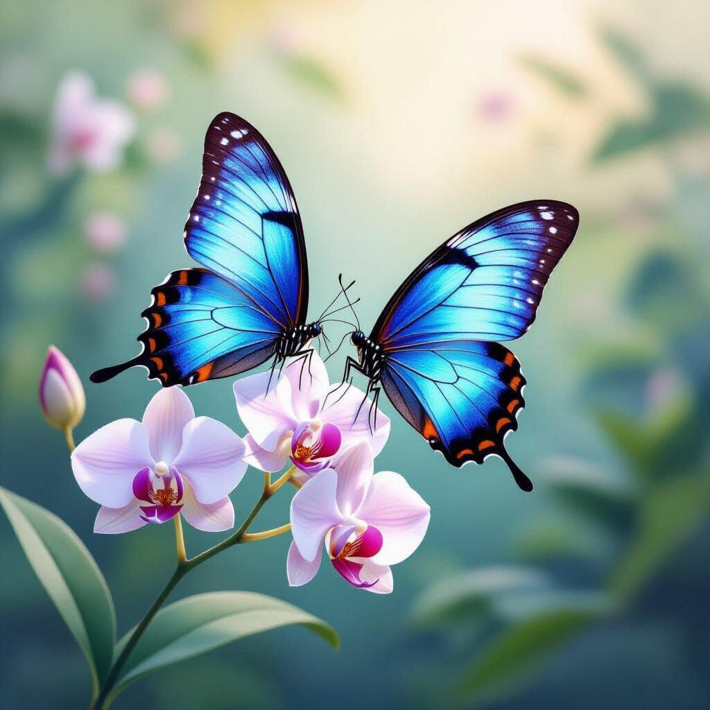 Blue Morpho Butterfly on Orchid in Tropical Dawn Watercolor