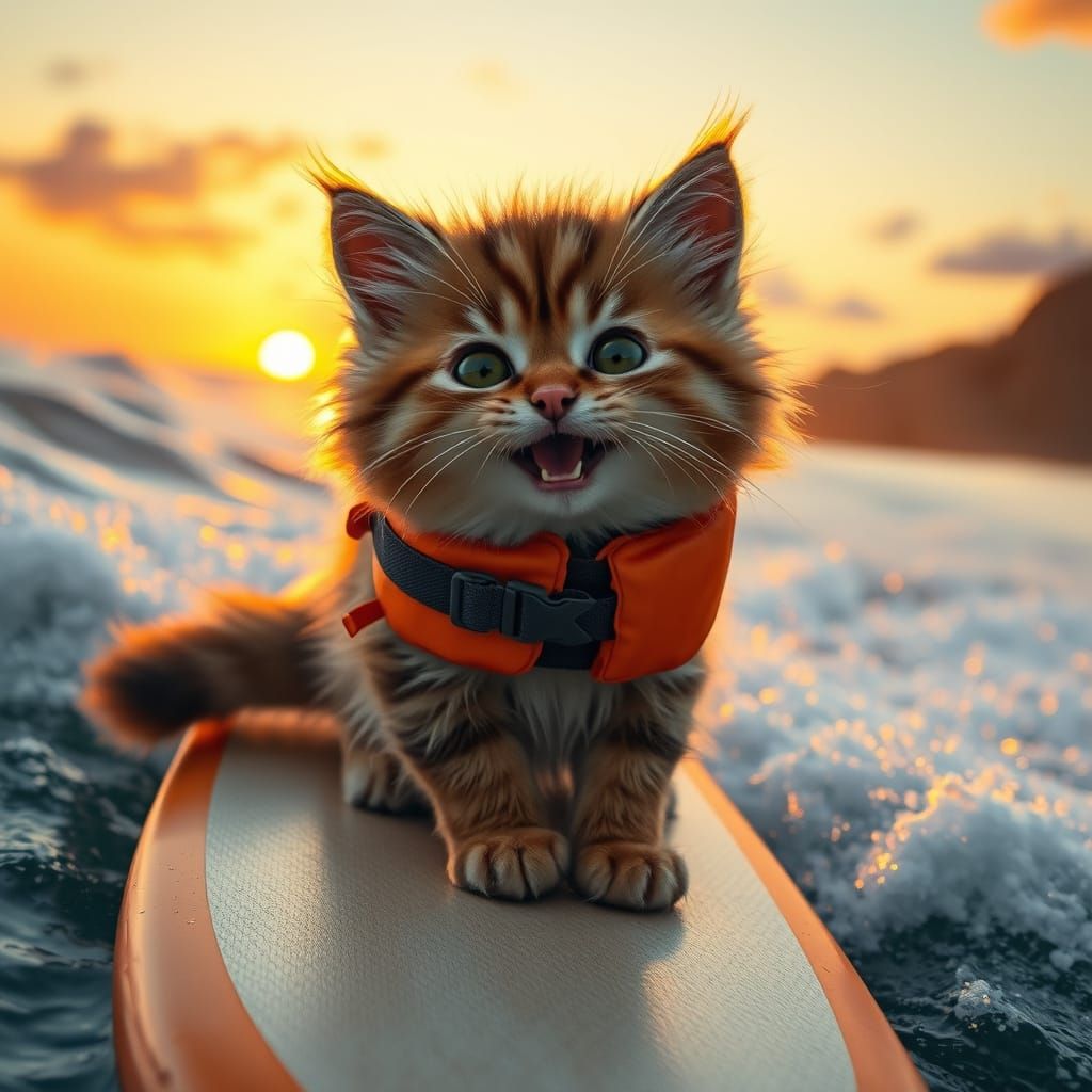 Cat Surfing at Sunset as Digital Matte Painting