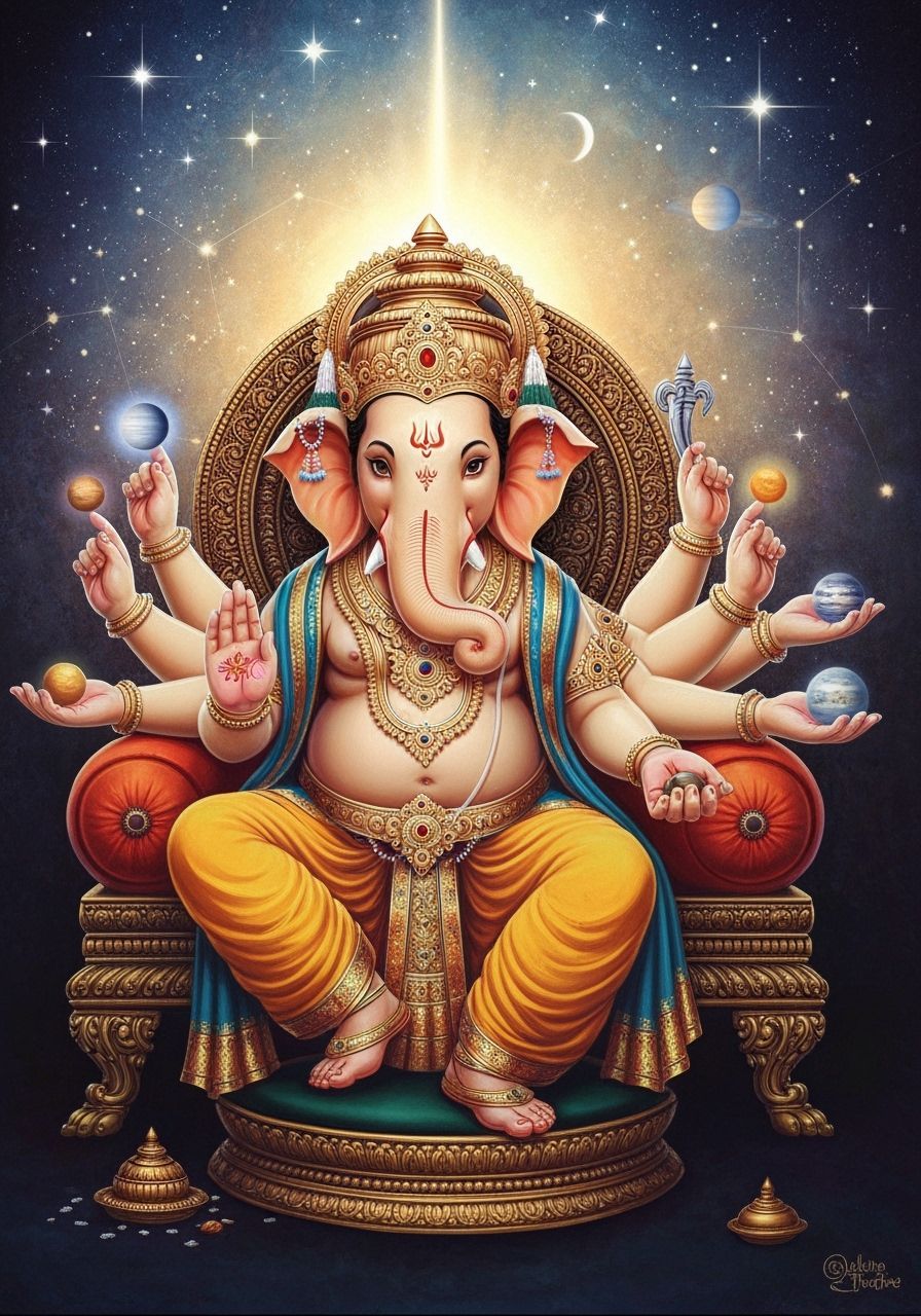 Lord Ganesha on Ornate Throne in Spiritual Style