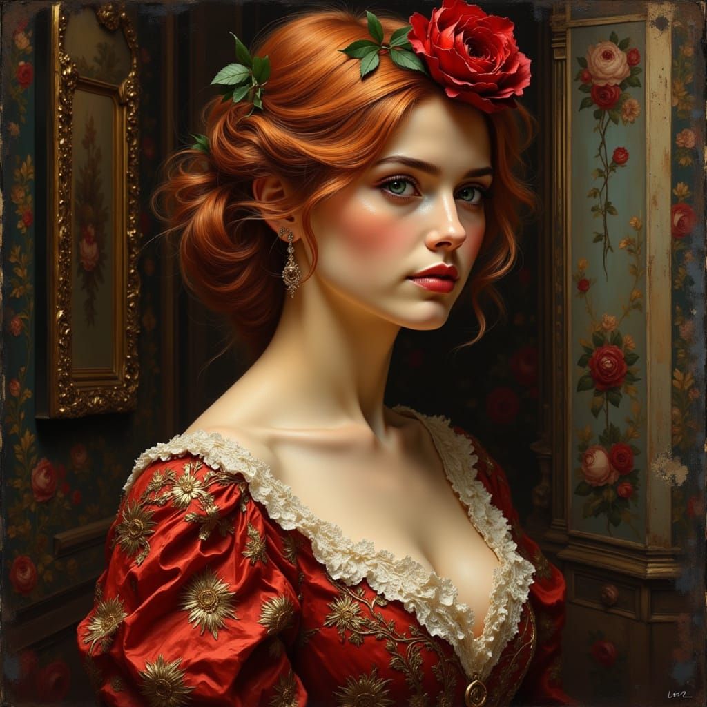 Young Woman Portrait with Rose in Auburn Hair