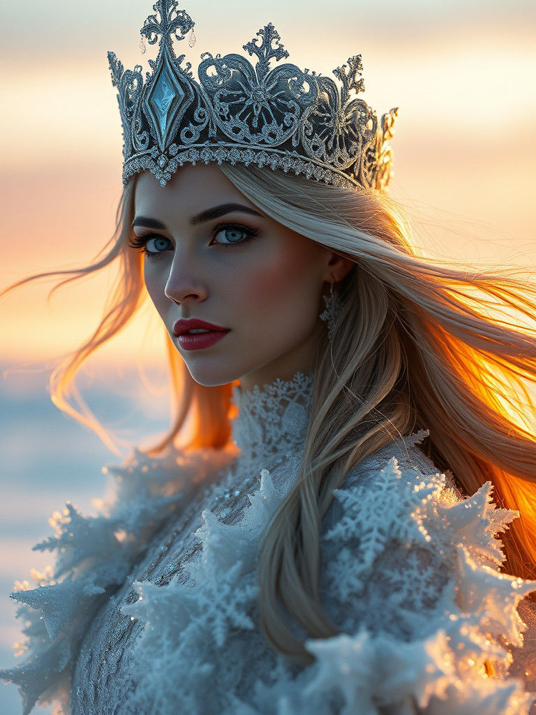 Icy Queen Portrait in Winter Sunset Light