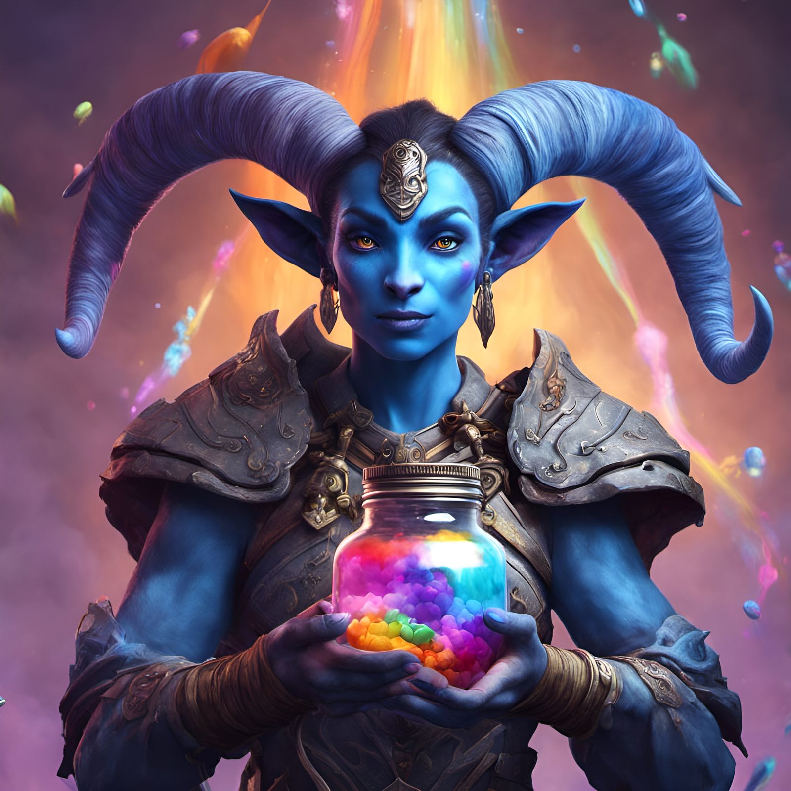Draenei Warrior Holding Rainbow in a Jar