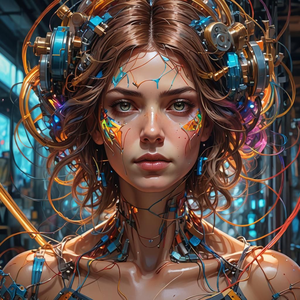 Mechanical Artist's Self-Portrait: Digital Art with Luminous...