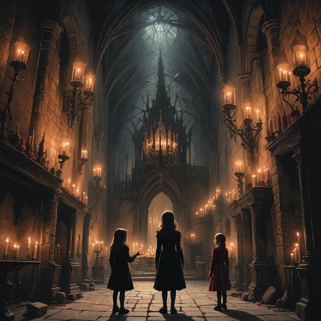 Little girl painting a gothic painting in her castle with he...