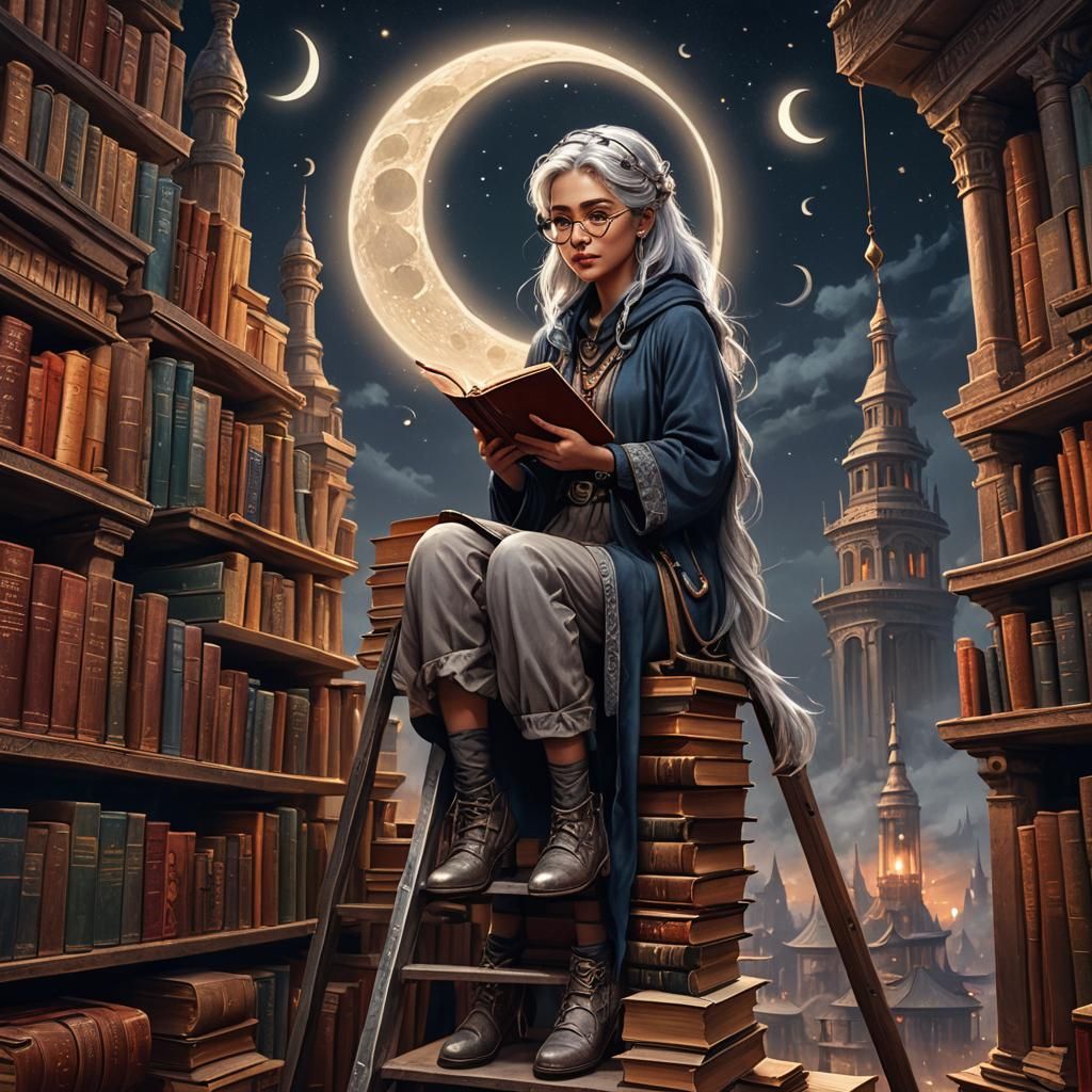 Silver-Haired Girl in Moonlit Library: Fantasy Concept Art