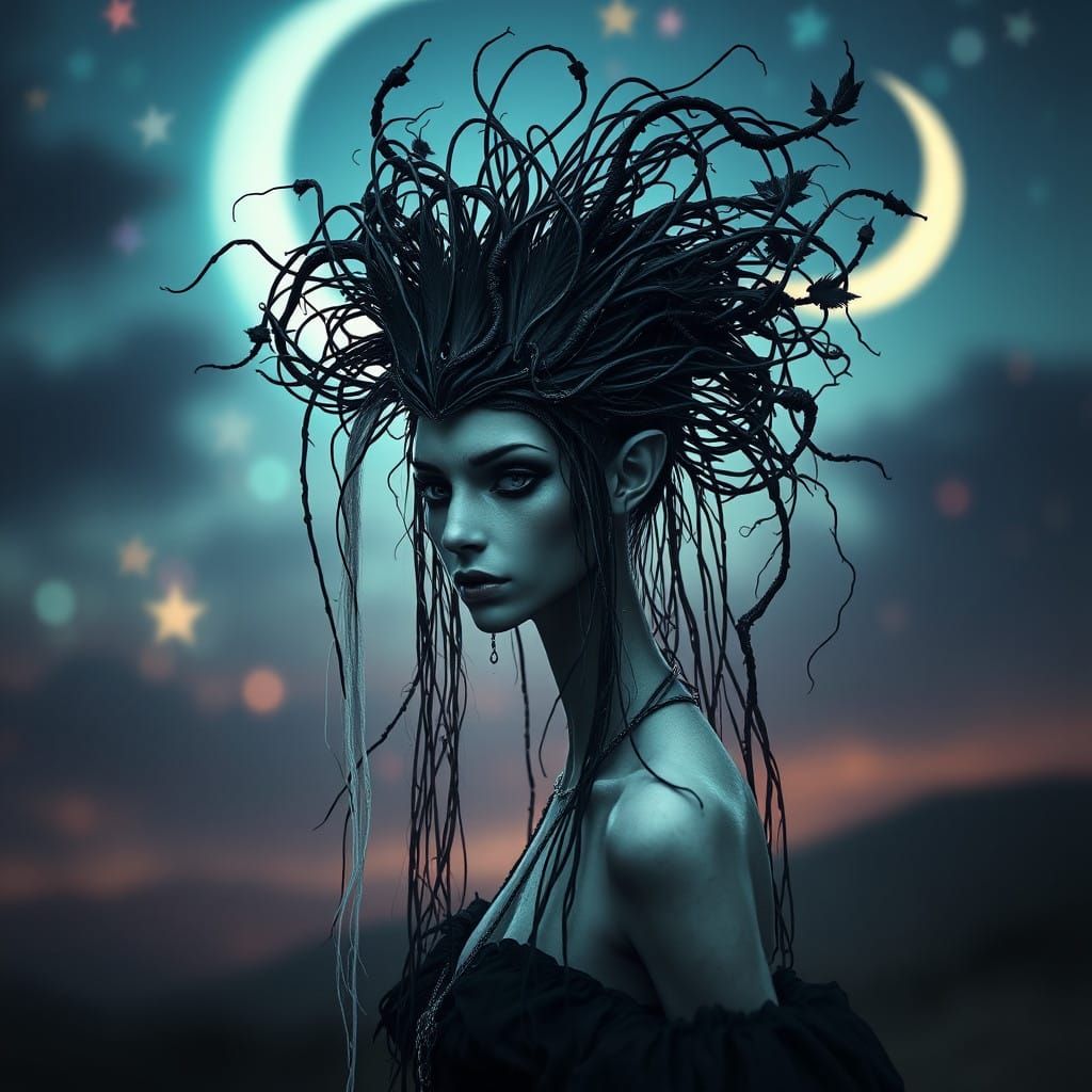 Gothic Goddess in a Dreamlike Night Sky