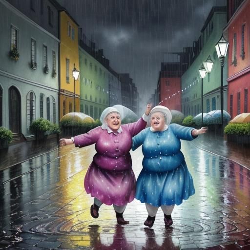 Joyful Old Ladies Dancing in Rainy Street, Watercolor
