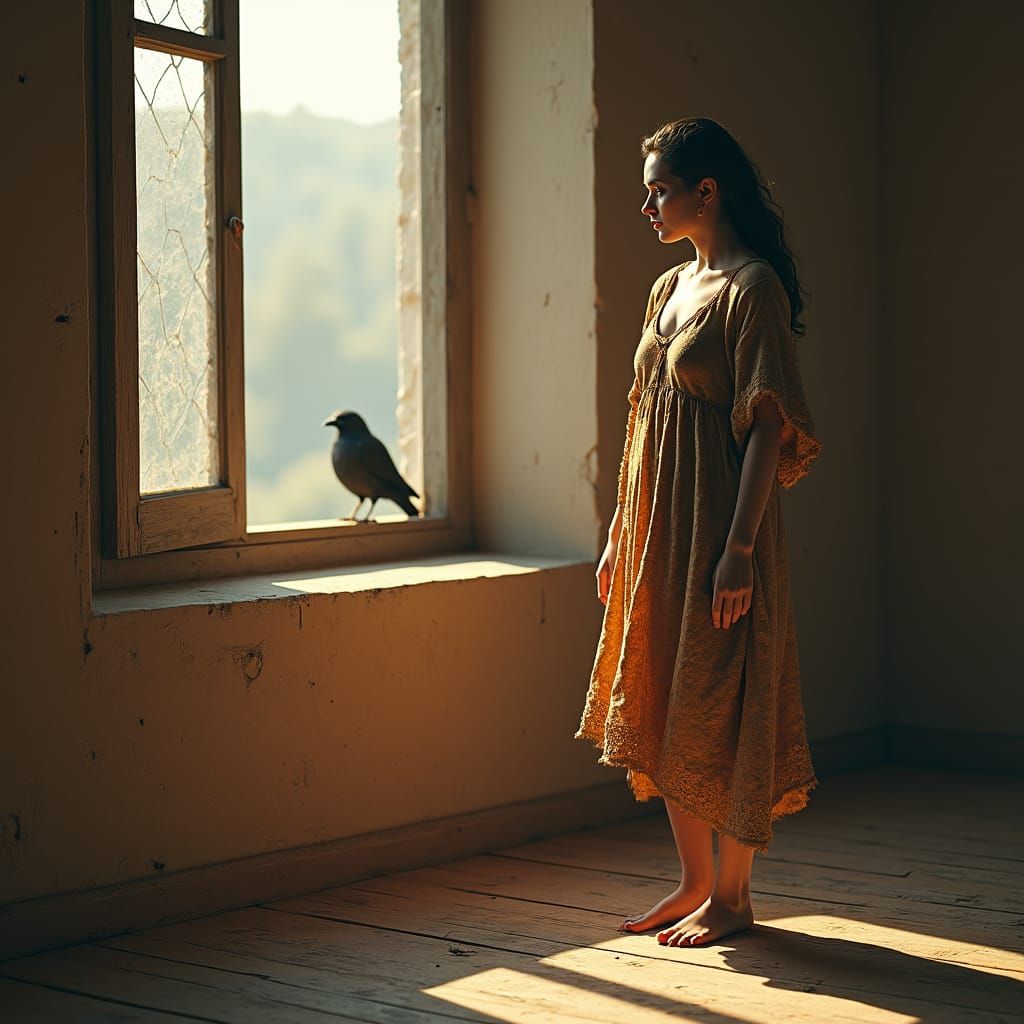 Ethereal Woman with Bird: Dreamlike Fantasy Art