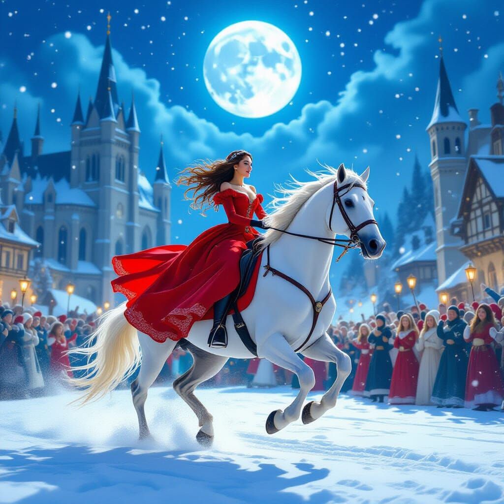 Brunette in Red Dress Rides Horse at Carnival