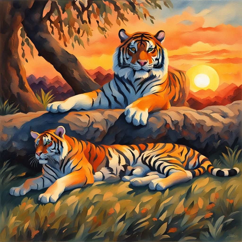 Tiger and Dog Friendship in Gouache Style