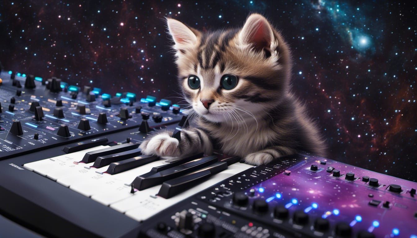 Kitten Lost in Space Playing KORG Synth
